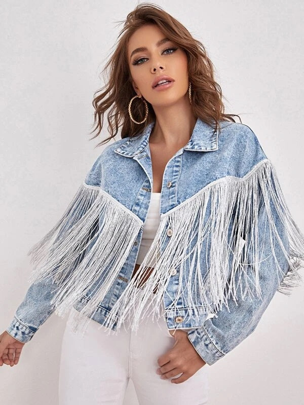 CM-CS731005 Women Casual Seoul Style Drop Shoulder Fringe Trim Denim Jacket