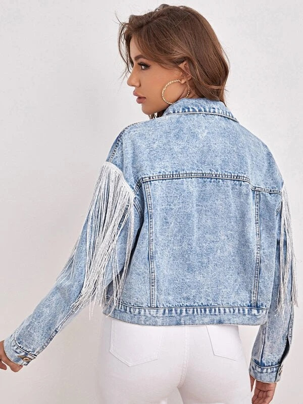 CM-CS731005 Women Casual Seoul Style Drop Shoulder Fringe Trim Denim Jacket