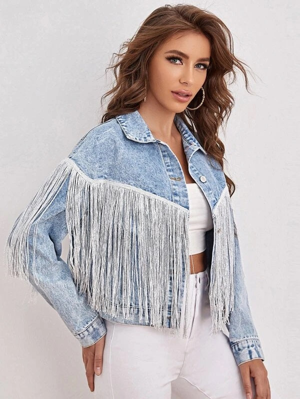 CM-CS731005 Women Casual Seoul Style Drop Shoulder Fringe Trim Denim Jacket