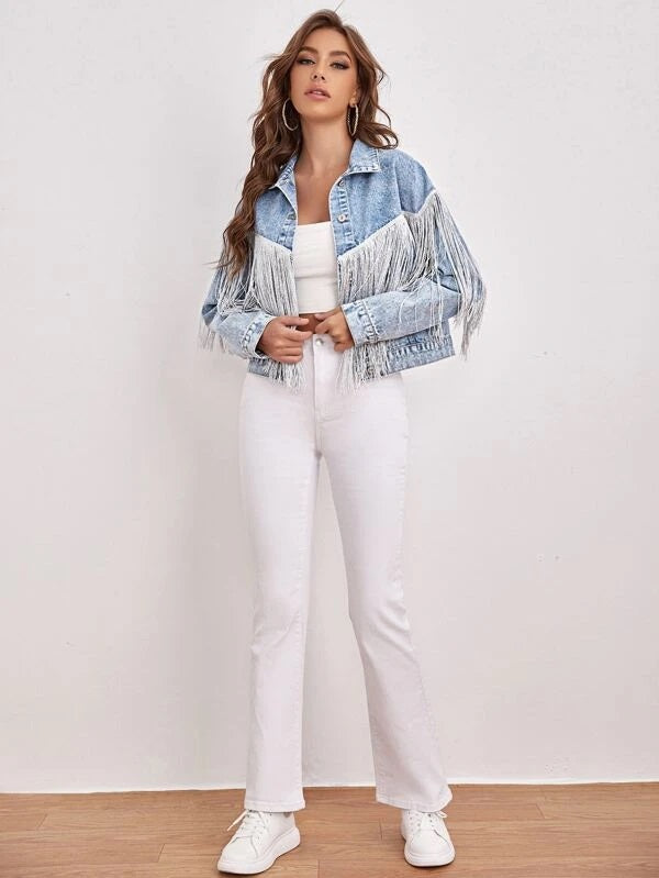 CM-CS731005 Women Casual Seoul Style Drop Shoulder Fringe Trim Denim Jacket