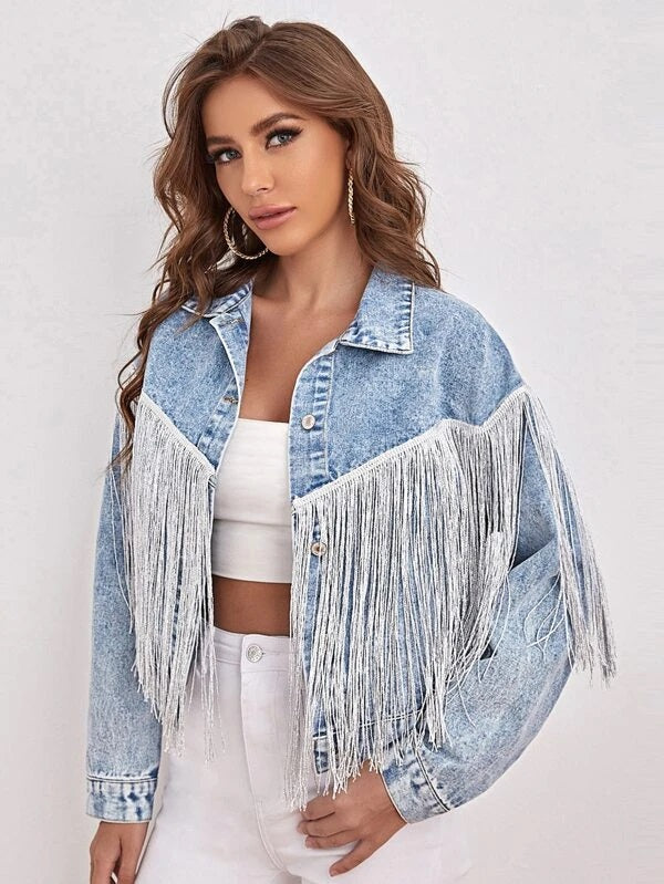 CM-CS731005 Women Casual Seoul Style Drop Shoulder Fringe Trim Denim Jacket