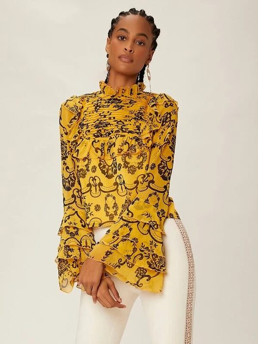 CM-TS953711 Women Casual Seoul Style Graphic Print Ruffle Trim Pleated Chiffon Blouse