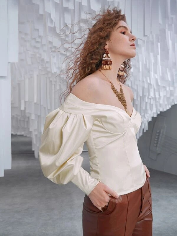 CM-TS168605 Women Elegant Seoul Style Off Shoulder Bishop Sleeve Sleeve Zip Back Blouse