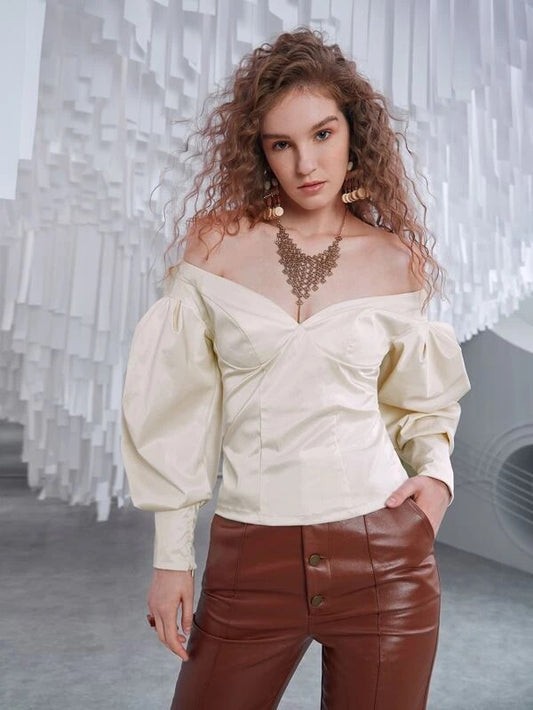 CM-TS168605 Women Elegant Seoul Style Off Shoulder Bishop Sleeve Sleeve Zip Back Blouse