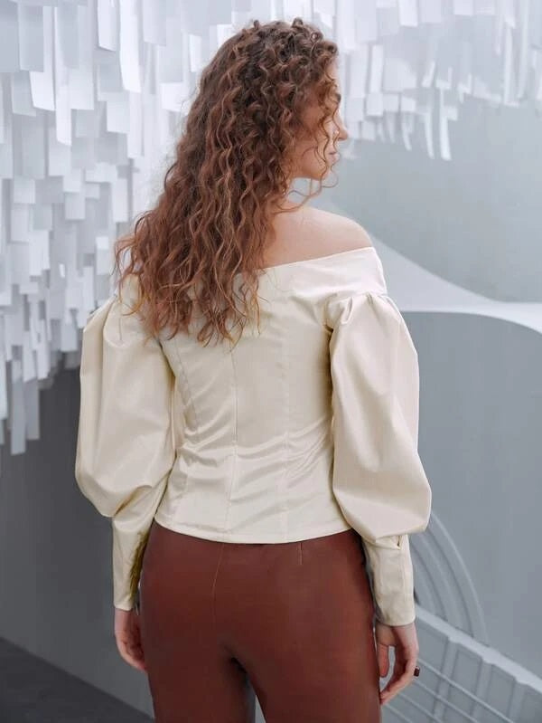 CM-TS168605 Women Elegant Seoul Style Off Shoulder Bishop Sleeve Sleeve Zip Back Blouse