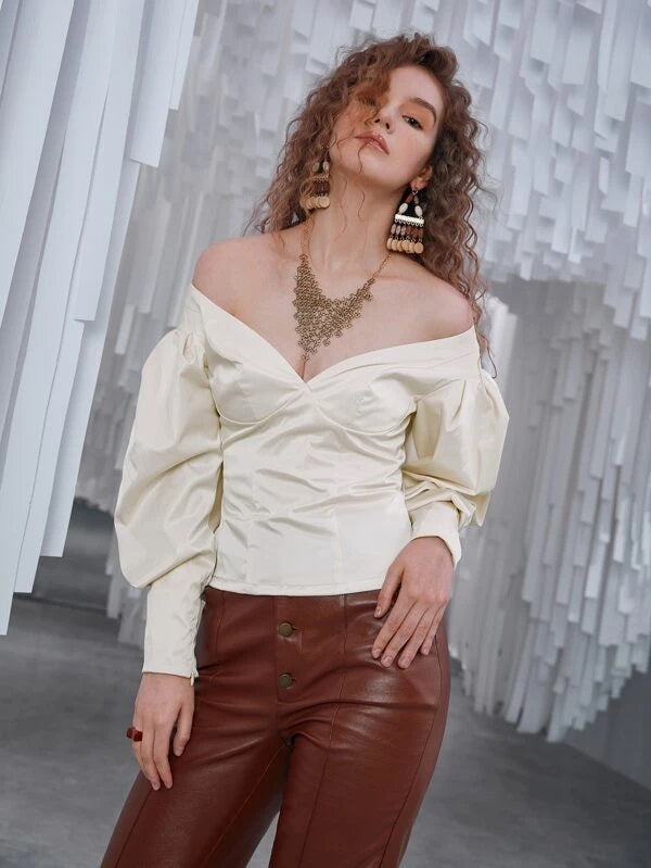 CM-TS168605 Women Elegant Seoul Style Off Shoulder Bishop Sleeve Sleeve Zip Back Blouse