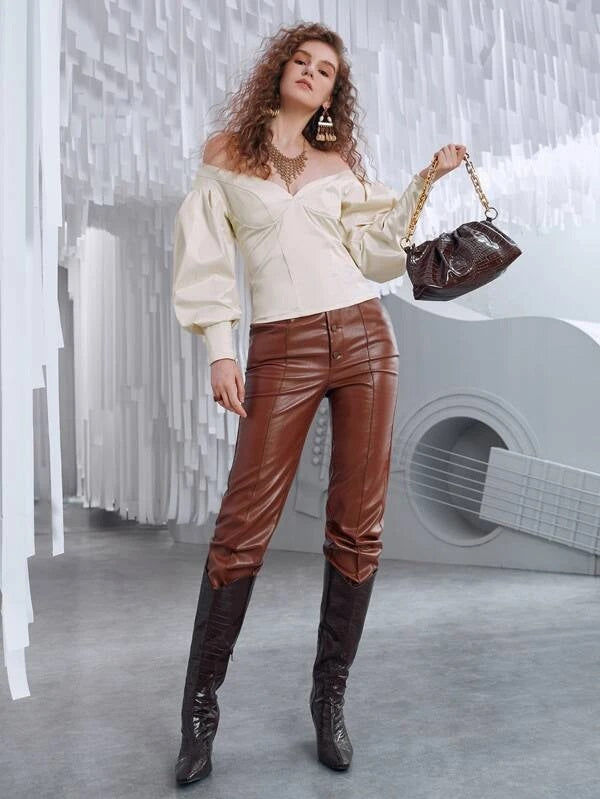 CM-TS168605 Women Elegant Seoul Style Off Shoulder Bishop Sleeve Sleeve Zip Back Blouse