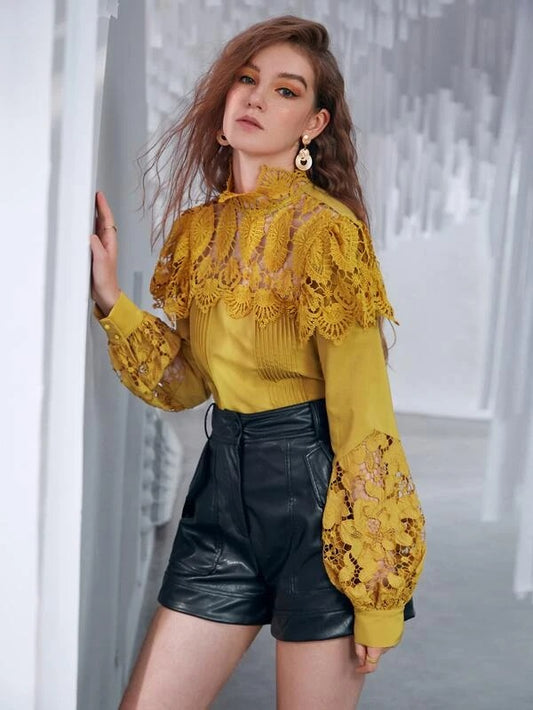 CM-TS256456 Women Elegant Seoul Style Contrast Lace Bishop Sleeve Blouse - Yellow