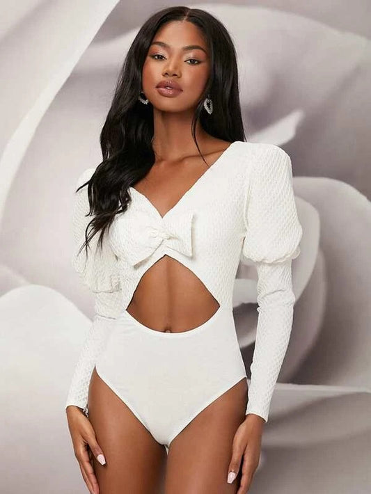 CM-TS422862 Women Casual Seoul Style Cut Out Bow Front Gigot Sleeve Bodysuit