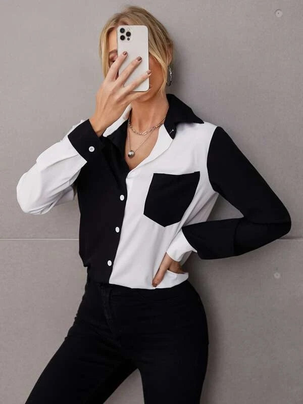 CM-TS096278 Women Casual Seoul Style Long Sleeve Colorblock Patch Pocket Blouse