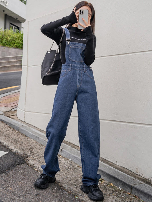 CM-JS385231 Women Preppy Seoul Style Medium Wash Slant Pocket Denim Overalls