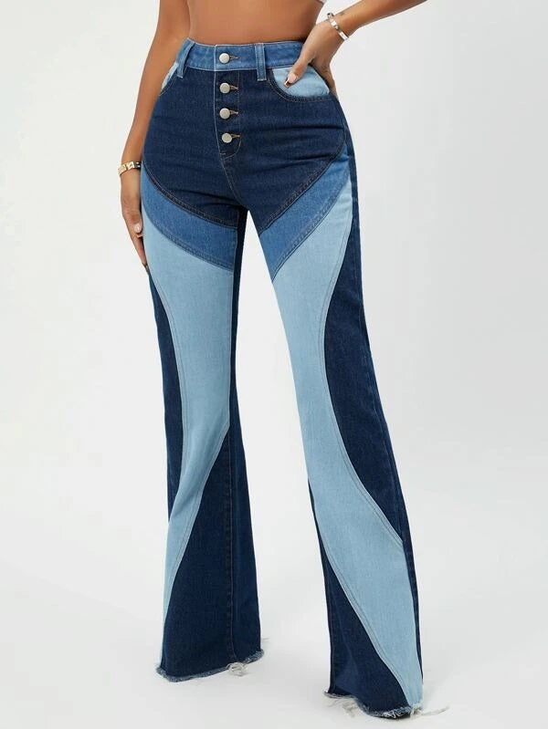 CM-BS387681 Women Casual Seoul Style Button Fly Colorblock Flare Leg Jeans