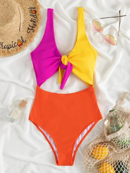 CM-SWS186101 Women Trendy Seoul Style Colorblock Cut-Out One Piece Swimsuit
