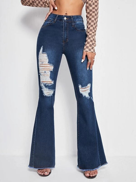 CM-BS074817 Women Casual Seoul Style Medium Wash Raw Hem Ripped Flared Leg Jeans