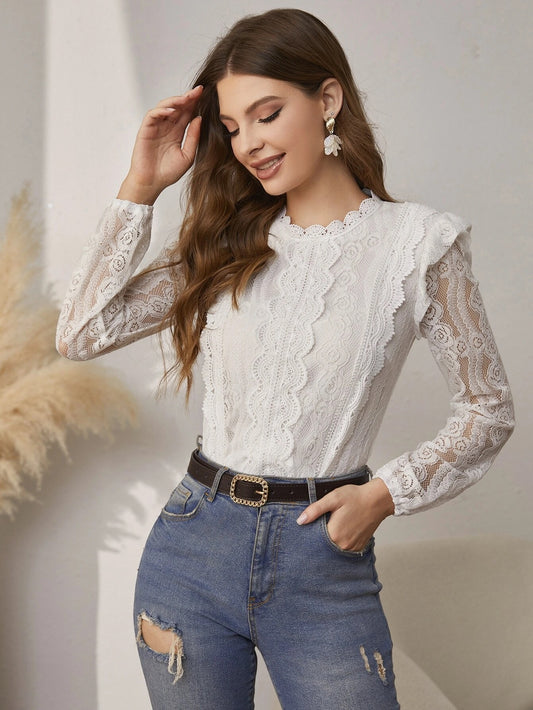 CM-TS761147 Women Elegant Seoul Style Scallop Trim Guipure Lace Blouse - White