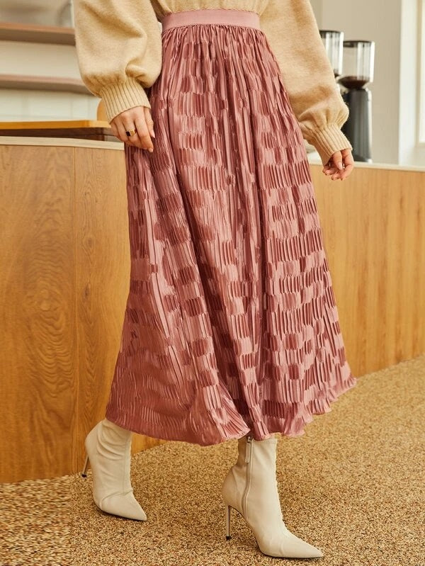 CM-BS545536 Women Elegant Seoul Style High Waist Textured Skirt - Coral Pink