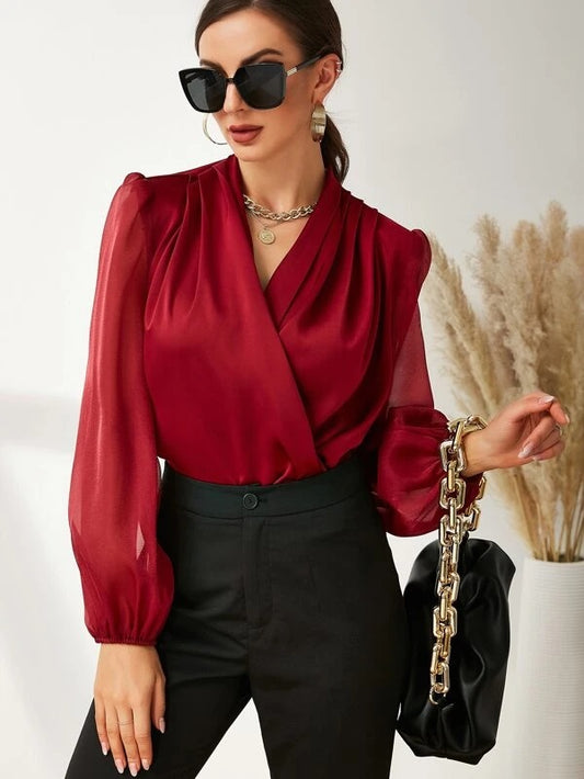 CM-TS900750 Women Elegant Seoul Style Fold Pleated Lantern Sleeve Satin Blouse