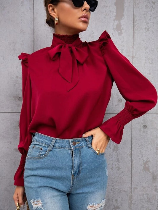 CM-TS539081 Women Casual Seoul Style Shirred Flounce Sleeve Frilled Tie Neck Blouse