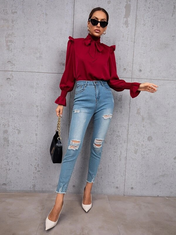 CM-TS539081 Women Casual Seoul Style Shirred Flounce Sleeve Frilled Tie Neck Blouse