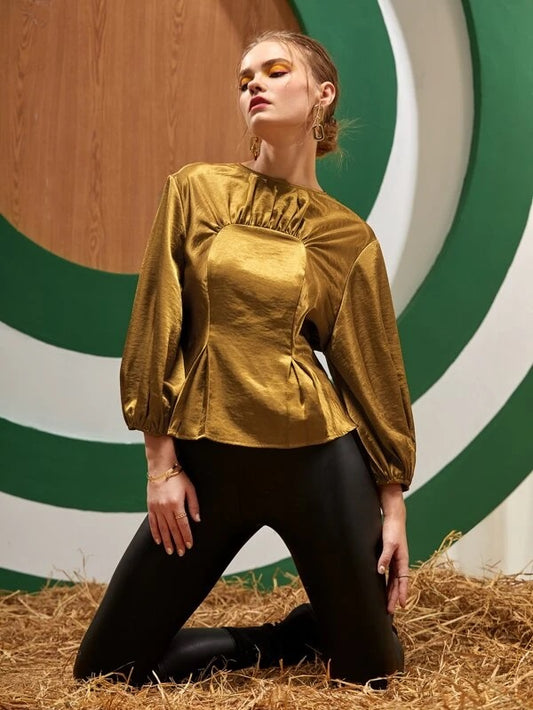 CM-TS019337 Women Elegant Seoul Style Solid Ruched Detail Bishop Sleeve Top - Gold
