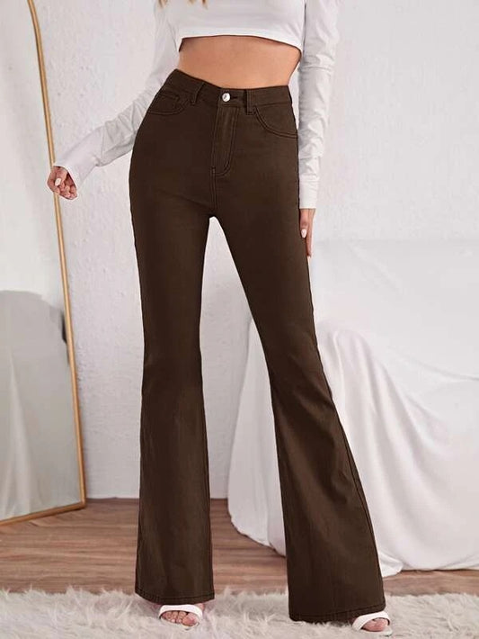 CM-BS496782 Women Casual Seoul Style High Waist Flared Jeans - Brown