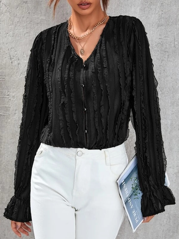 CM-TS304060 Women Casual Seoul Style V-Neck Frill Trim Flounce Sleeve Blouse - Black