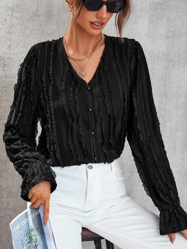CM-TS304060 Women Casual Seoul Style V-Neck Frill Trim Flounce Sleeve Blouse - Black