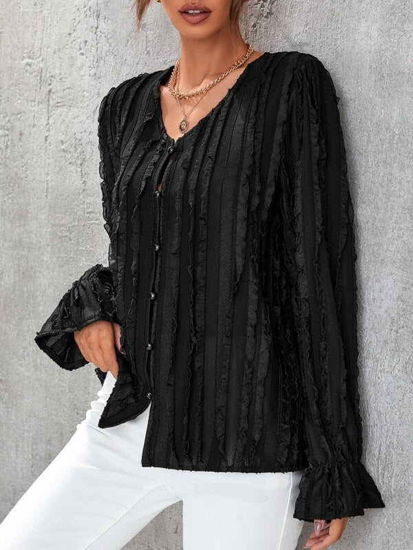 CM-TS304060 Women Casual Seoul Style V-Neck Frill Trim Flounce Sleeve Blouse - Black