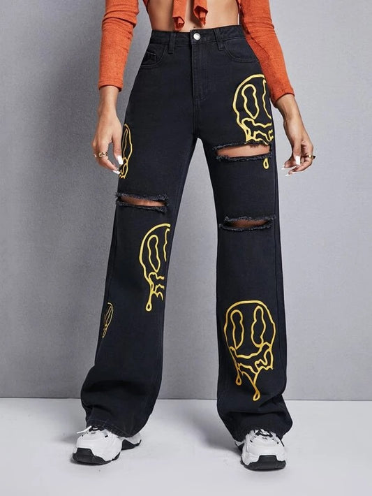CM-BS273111 Women Casual Seoul Style Cartoon Face Graphic Ripped Wide Leg Jeans - Black