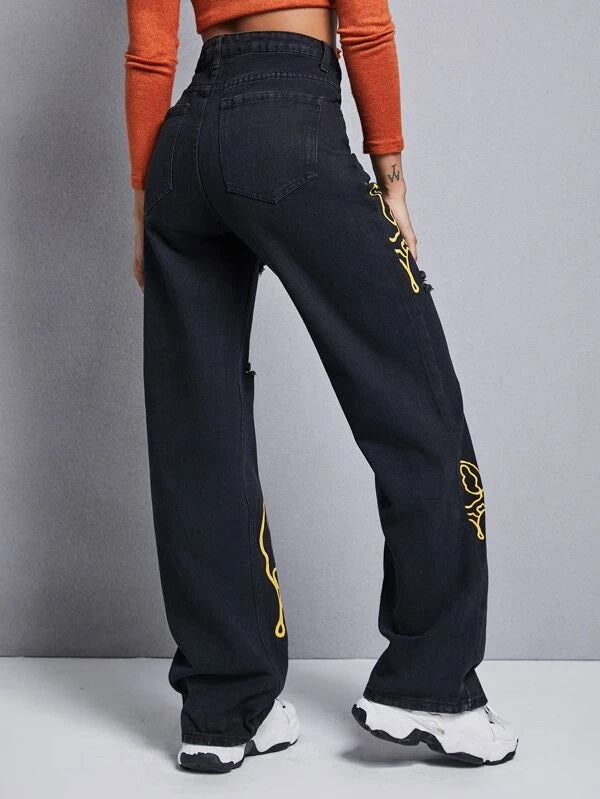 CM-BS273111 Women Casual Seoul Style Cartoon Face Graphic Ripped Wide Leg Jeans - Black