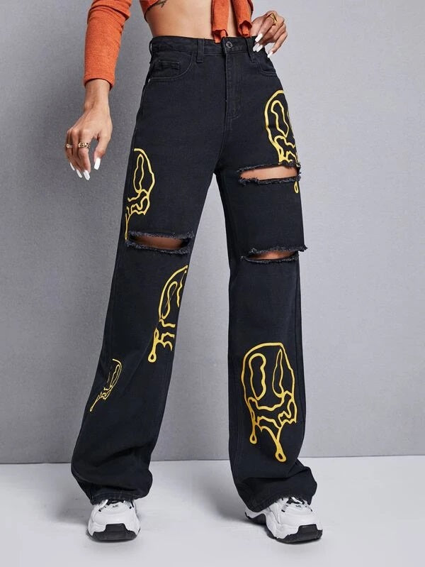 CM-BS273111 Women Casual Seoul Style Cartoon Face Graphic Ripped Wide Leg Jeans - Black