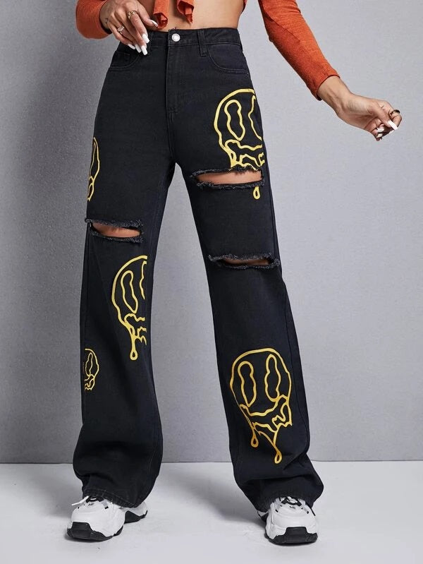 CM-BS273111 Women Casual Seoul Style Cartoon Face Graphic Ripped Wide Leg Jeans - Black