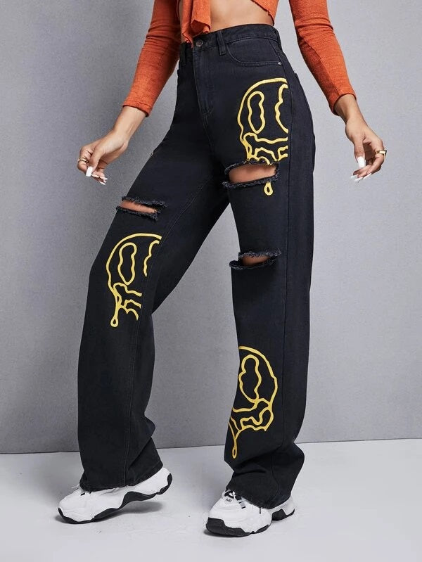 CM-BS273111 Women Casual Seoul Style Cartoon Face Graphic Ripped Wide Leg Jeans - Black