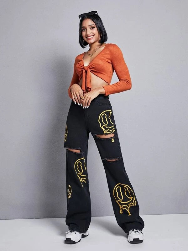 CM-BS273111 Women Casual Seoul Style Cartoon Face Graphic Ripped Wide Leg Jeans - Black
