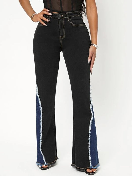 CM-BS954096 Women Casual Seoul Style High Waist Color Block Flare Leg Jeans