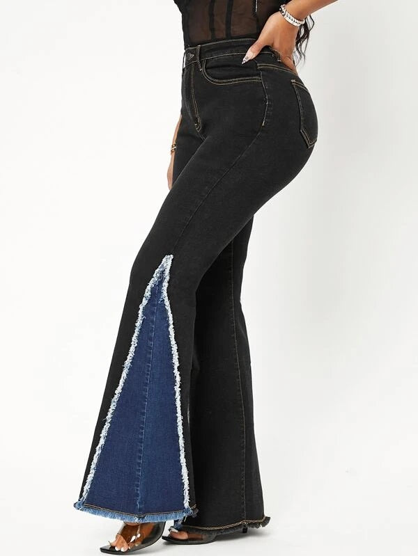 CM-BS954096 Women Casual Seoul Style High Waist Color Block Flare Leg Jeans