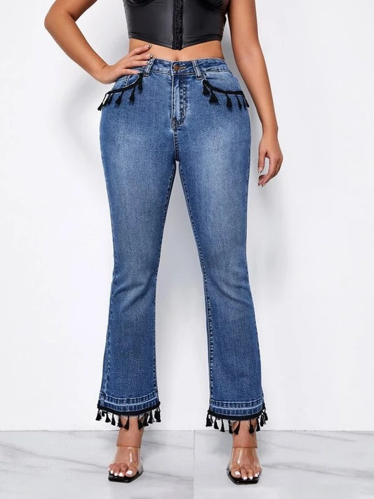 CM-BS659689 Women Casual Seoul Style High Waist Flare Leg Fringe Hem Jeans