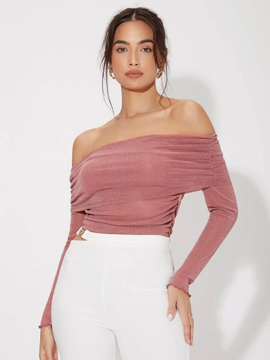 CM-TS564189 Women Elegant Seoul Style Off Shoulder Ruched Top - Dusty Pink
