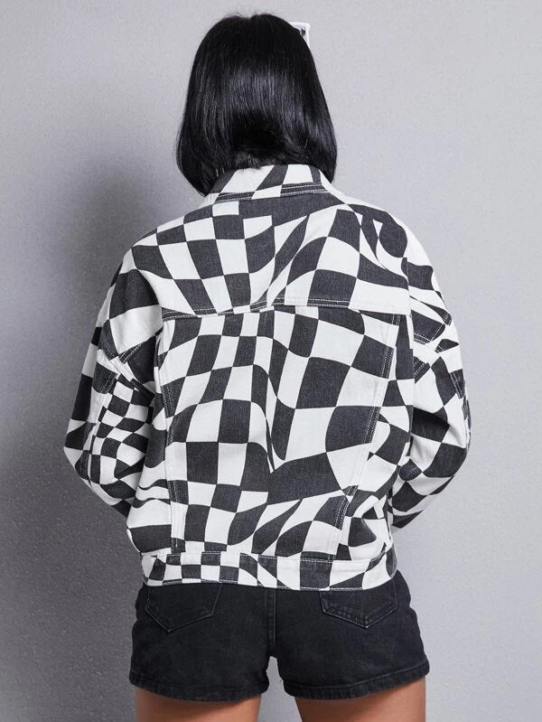 CM-CS184044 Women Casual Seoul Style Flap Pocket Front Geometric Graphic Denim Jacket