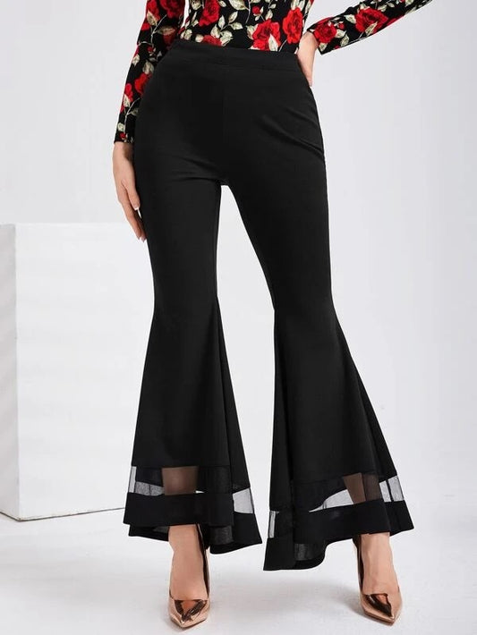 CM-BS232435 Women Casual Seoul Style Mesh Insert Flare Leg Pants - Black