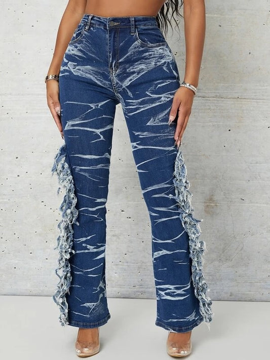 CM-BS091819 Women Casual Seoul Style High Waist Fringe Detail Flare Jeans