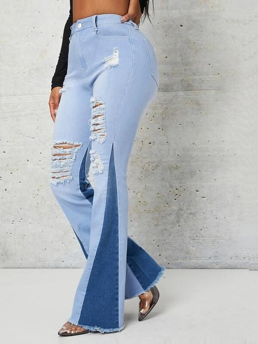 CM-BS146350 Women Casual Seoul Style Ripped Raw Hem Flare Leg Colorblock Jeans