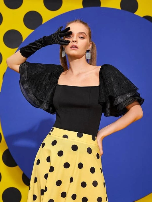 CM-TS630123 Women Elegant Seoul Style Square Neck Zip Back Layered Sleeve Top