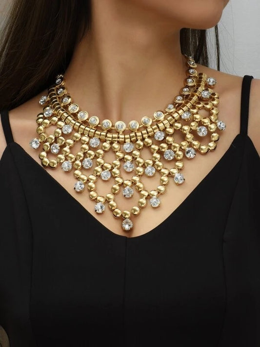 CM-AXS500250 Women Trendy Seoul Style Rhinestone Decor Necklace - Gold