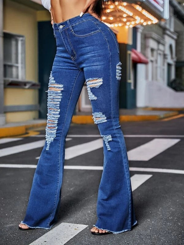CM-BS637002 Women Casual Seoul Style Zipper Fly Ripped Raw Hem Flare Leg Jeans