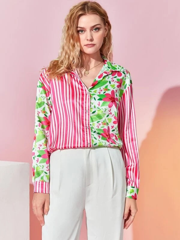 CM-TS987954 Women Trendy Bohemian Style Floral And Striped Print Drop Shoulder Shirt