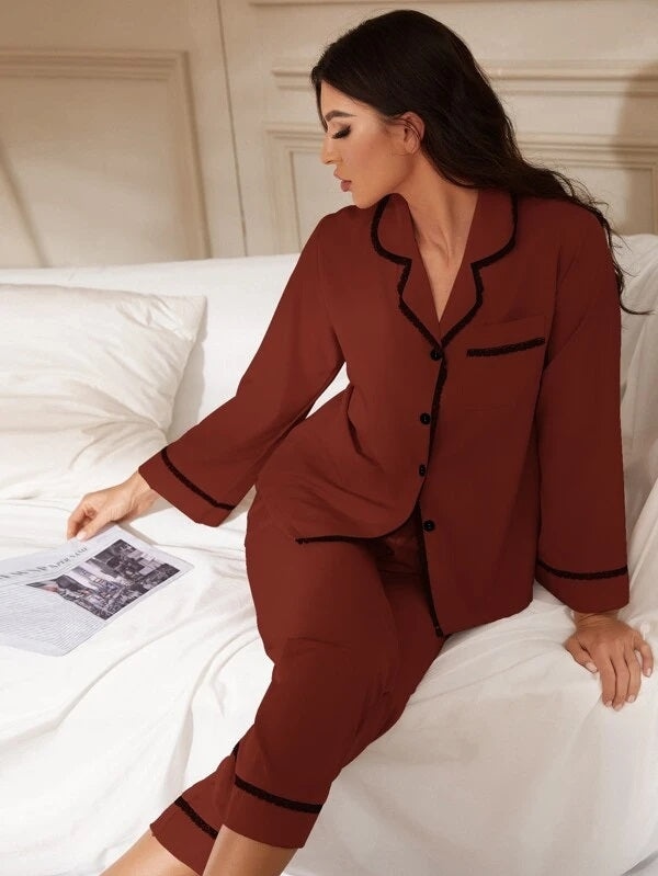 CM-LS529232 Women Trendy Seoul Style Lace Trim Pocket Front Pajama Set - Rust Brown