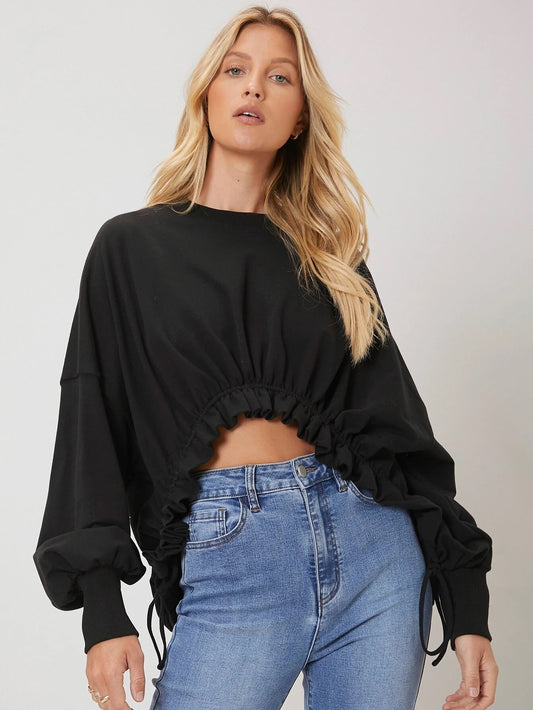 CM-TS190306 Women Casual Seoul Style Bishop Sleeve Gathered Pullover - Black