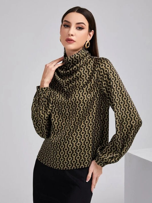 CM-TS661202 Women Elegant Seoul Style Chain Print Cowl Neck Lantern Sleeve Top