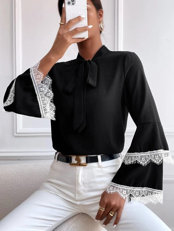 CM-TS601031 Women Casual Seoul Style Contrast Eyelash Lace Layer Sleeve Tie Neck Blouse